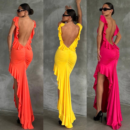 Elegant Sold color Cabo high-low Maxi Dress