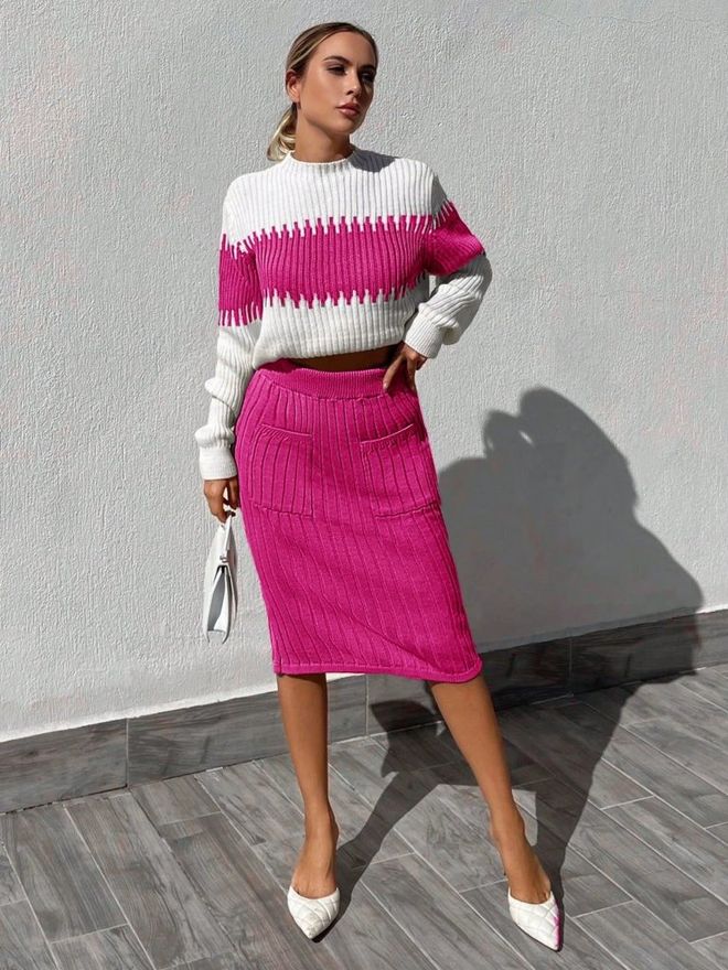 Conjunto de falda de punto tipo suéter (fucsia) 