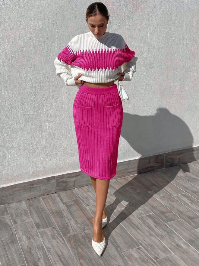 Conjunto de falda de punto tipo suéter (fucsia) 