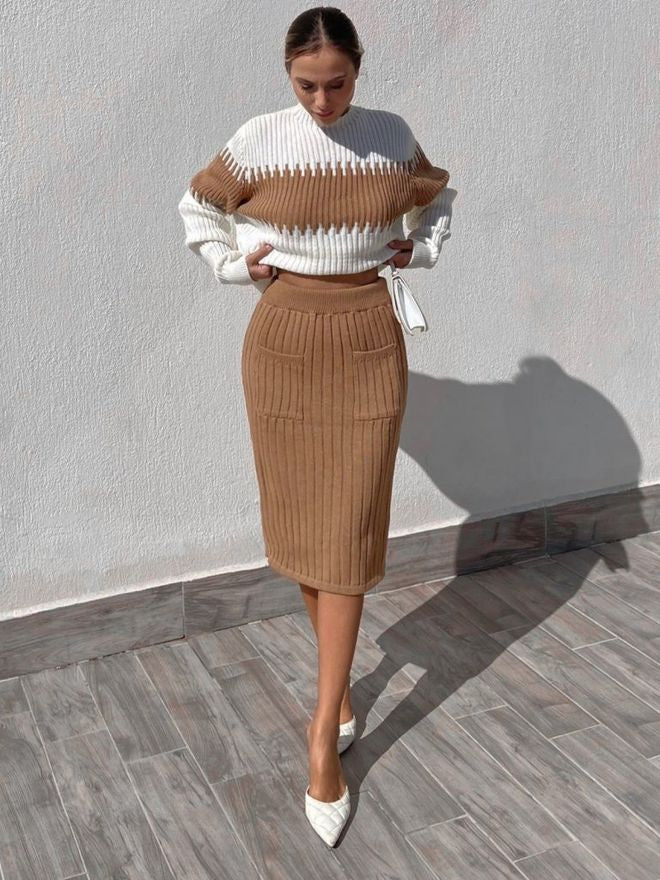 Sweater Knit Skirt Set (Brown)