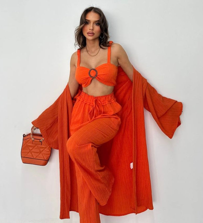 3 piece Bralette, Kimono Pants Set - Orange