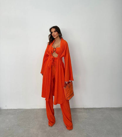 3 piece Bralette, Kimono Pants Set - Orange