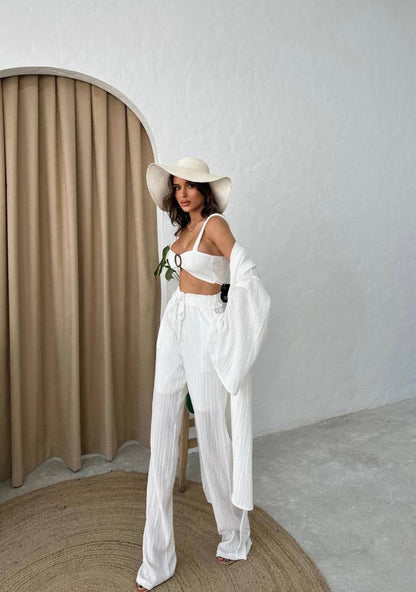 3 piece Bralette, Kimono Pants Set - White