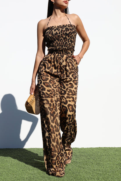 Leopard Print Open Back Jumpsuit