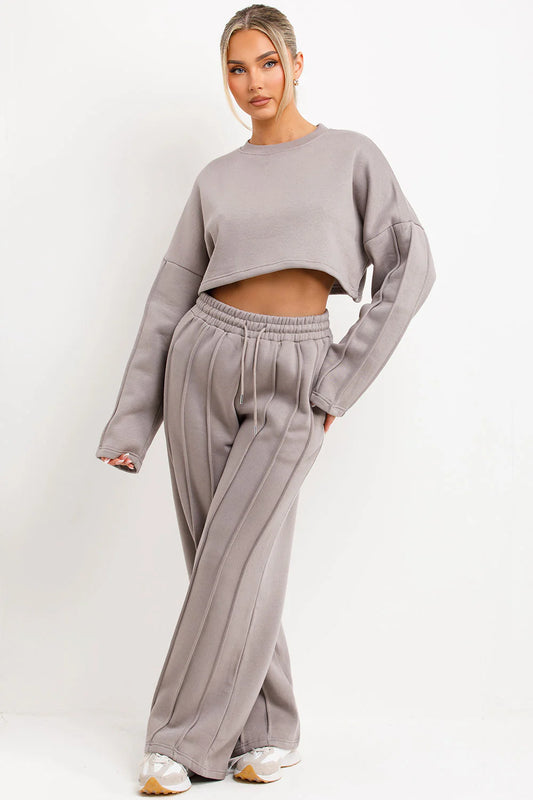 Crop Sweatshirt Jogger pants Set Silver Gray